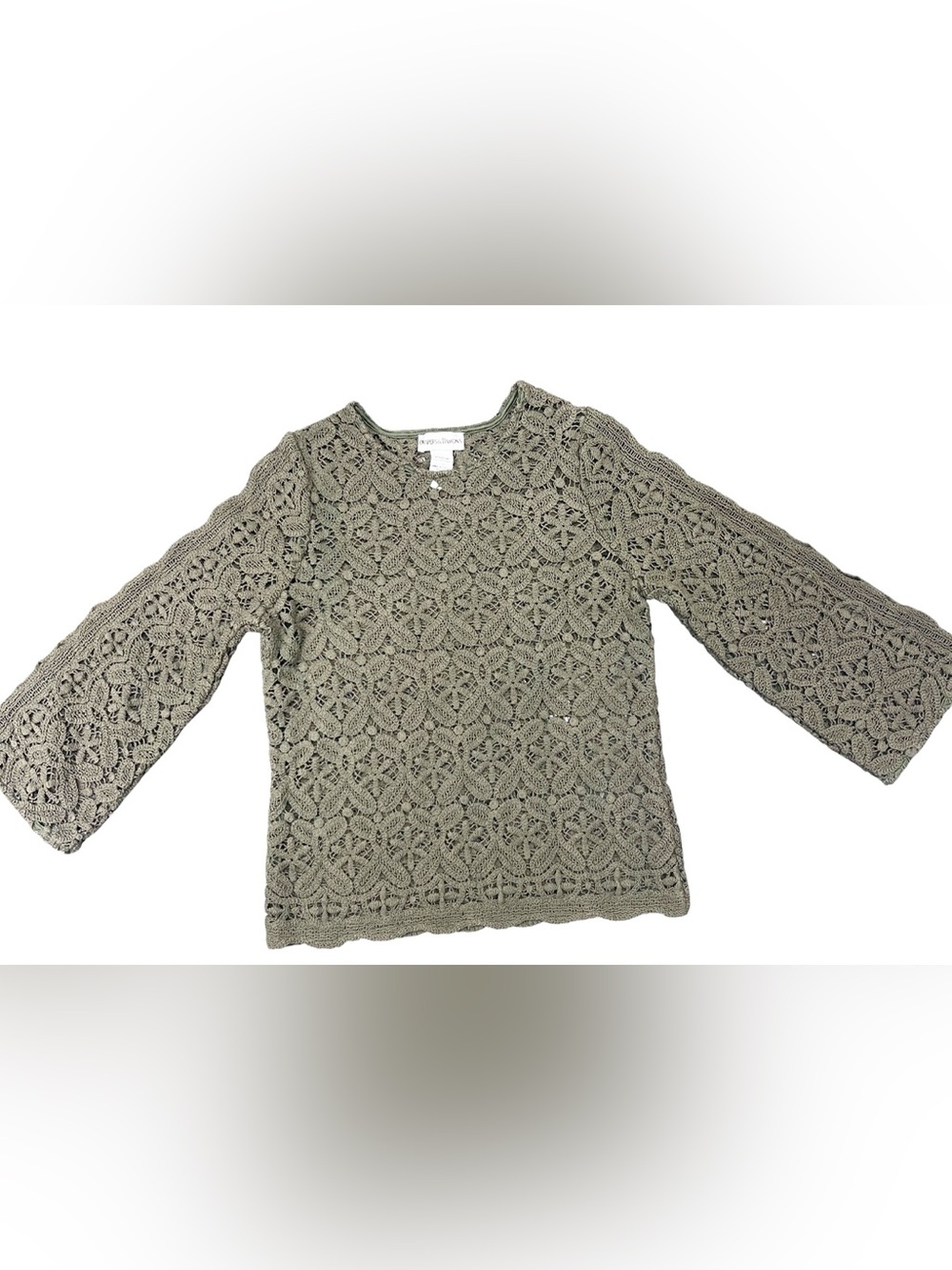 Draper’s & Damon’s S/M Olive Green Crochet Lace Sweater Top Boho 3/4 Sleeve